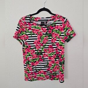 Rafaella Floral Stripe Tee w/ Scalloped Neck